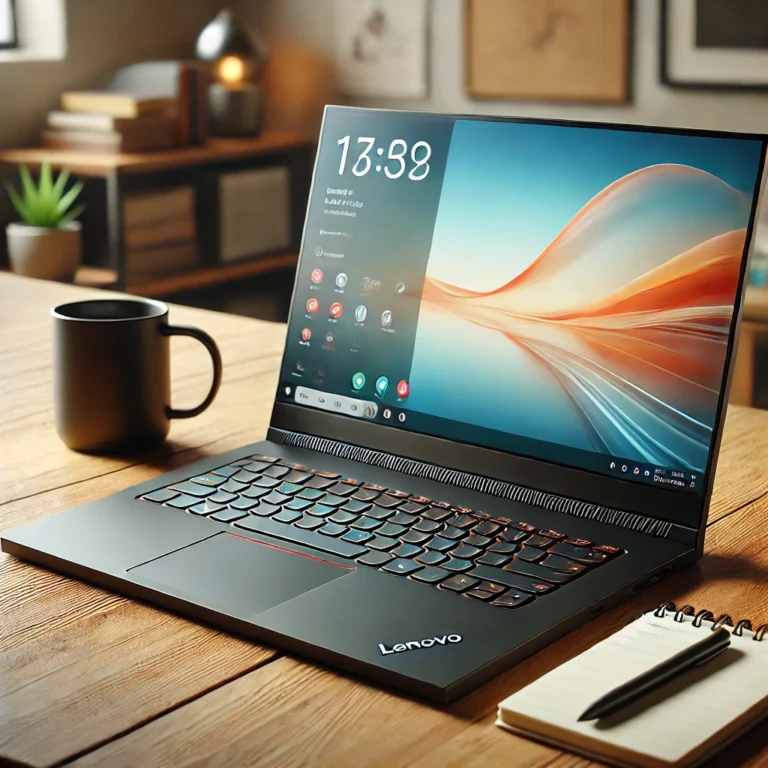 DALL·E 2025 06 12 21.38.13 A Realistic Image Of A Lenovo Laptop On A Wooden Desk. The Laptop Is Open And Displaying A Modern Desktop Screen With Icons. It Has A Sleek Thin Desi 768x768