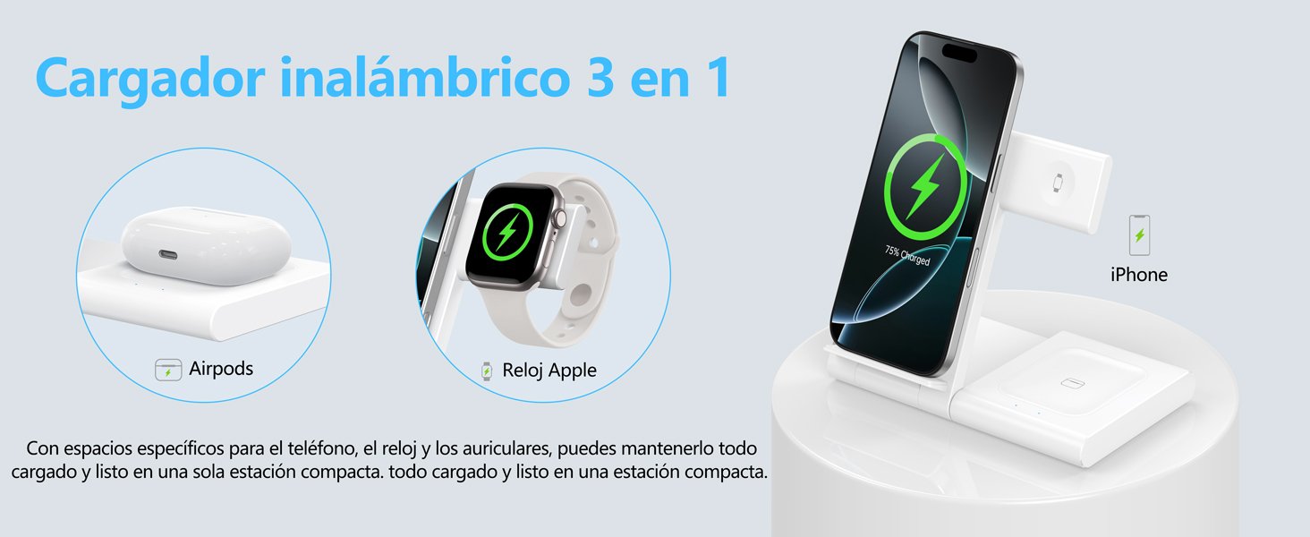 Cargador Inalámbrico 3 en 1, Wireless Charger Rápido Soporte De Carga Inalámbrico - Imagen 3
