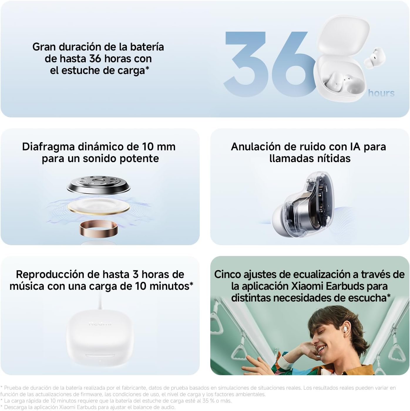 XIAOMI Redmi Buds 6 Play - Auriculares inalámbricos, cancelación de Ruido, Ligeros, hasta 36 Horas de autonomía, Bluetooth 5.4, Blanco (Versión ES) - Imagen 3