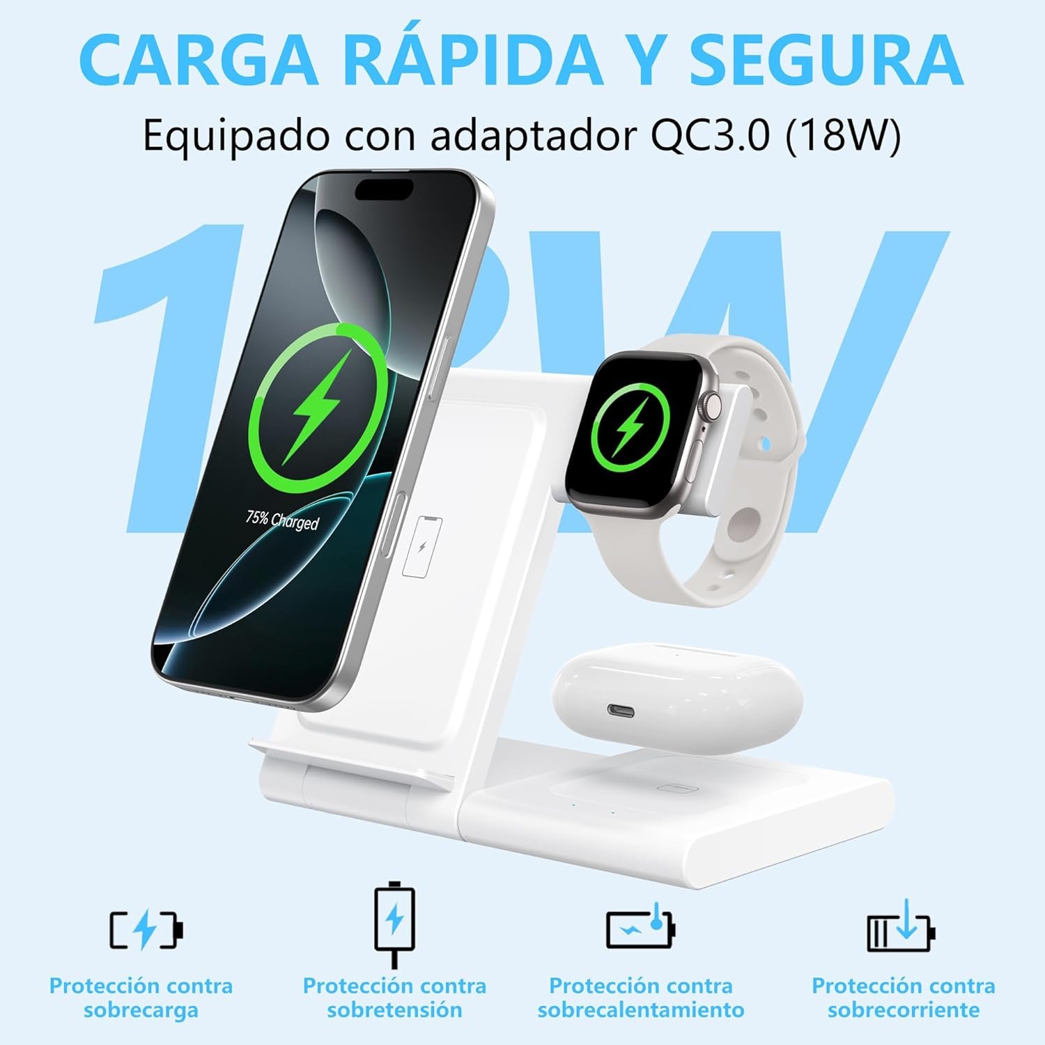 Cargador Inalámbrico 3 en 1, Wireless Charger Rápido Soporte De Carga Inalámbrico - Imagen 10