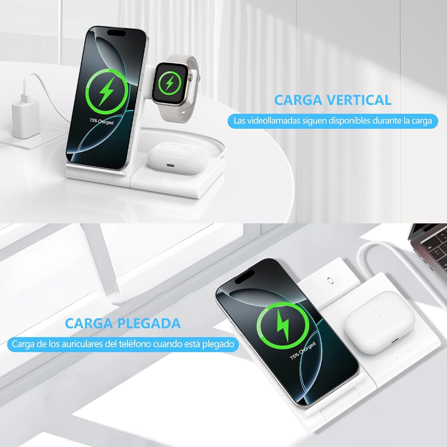 Cargador Inalámbrico 3 en 1, Wireless Charger Rápido Soporte De Carga Inalámbrico - Imagen 12