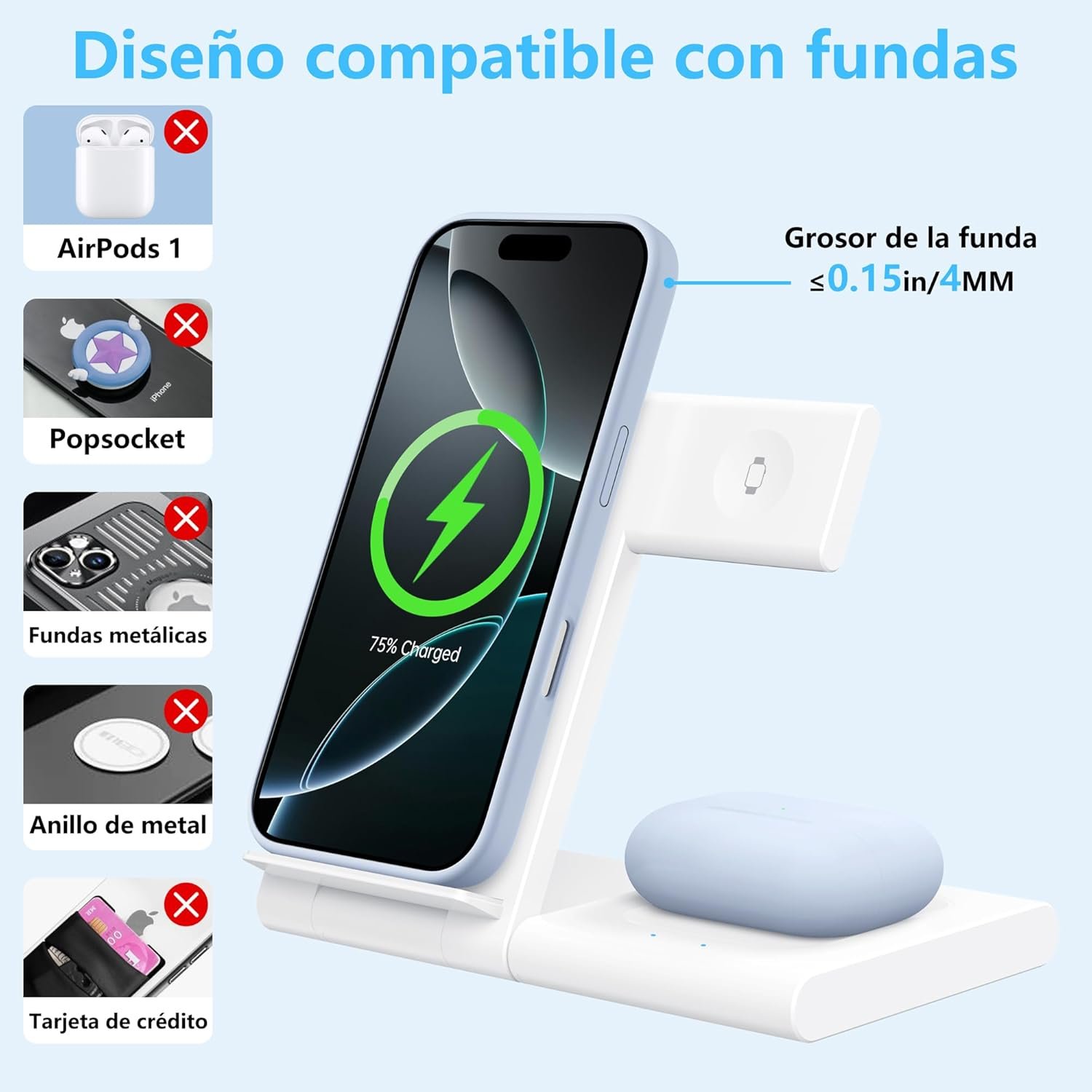Cargador Inalámbrico 3 en 1, Wireless Charger Rápido Soporte De Carga Inalámbrico - Imagen 9