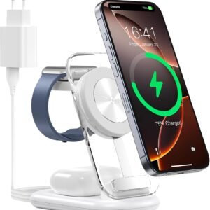 Estación de Carga inalámbrica 3 en 1 para mag-Safe, Cargador magnético inalámbrico Plegable y Ajustable, Soporte de Carga de Viaje mag-Safe con luz para iPhone 15/14/13, AirPods, Apple Watch, Blanco